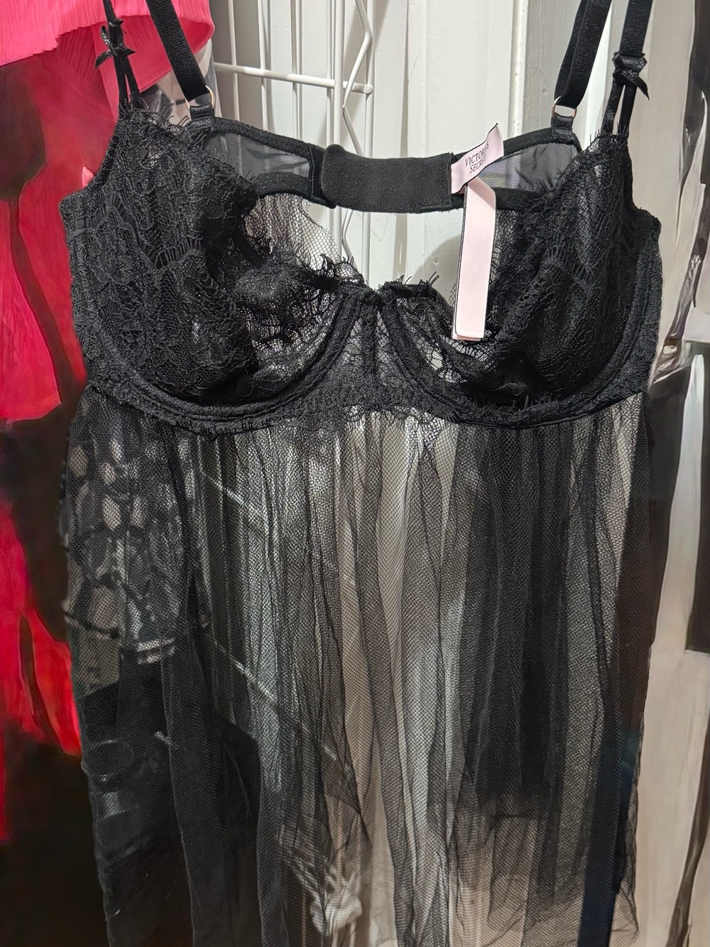 Victoria's Secret Black Lace & Sheer Mesh Babydoll Chemise